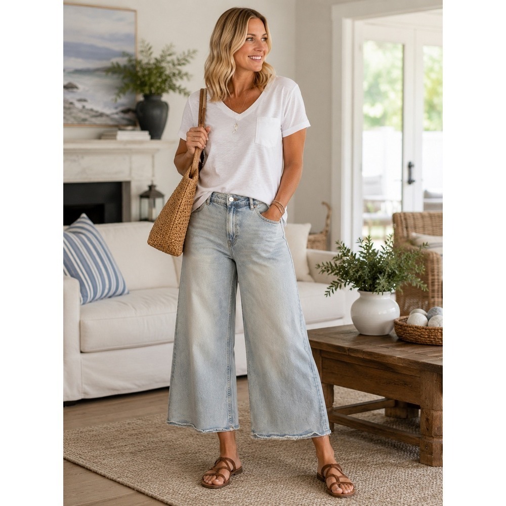 Womens 18W Wide Leg Capri Jeans Distressed Stonewashed High Rise Boho hippie